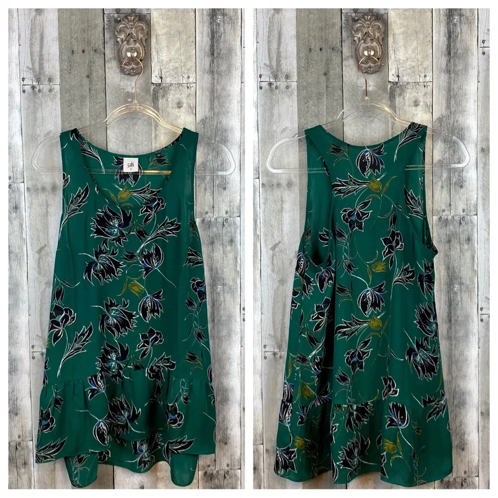 CAbi Green Floral Hi Lo Ruffle Hem Tank Size Medium. - Picture 8 of 9
